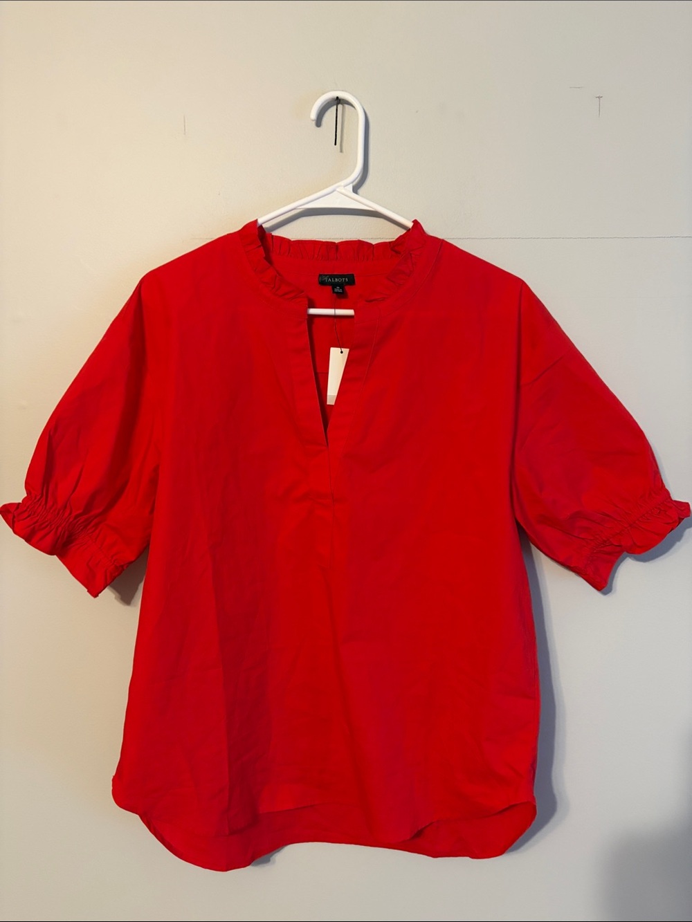 Talbots Red Ruffle-Trim Split-Neck Blouse. Red. 💯 cotton. Med. NWT.